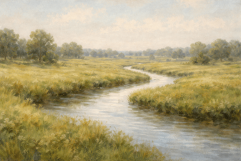 A soft watercolour landscape with a river winding through a meadow