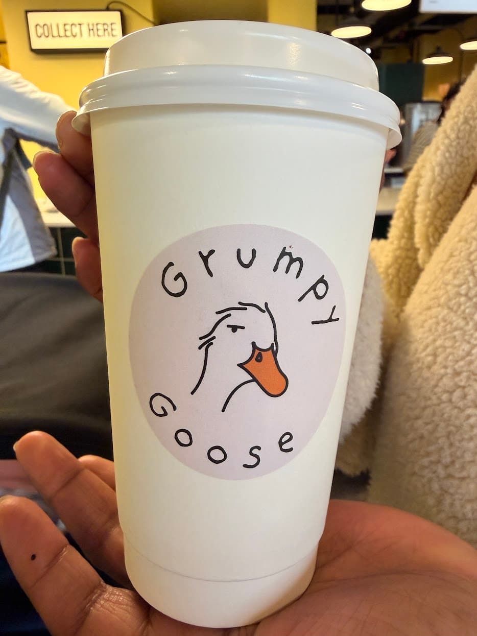 A takeaway cup illustrated with a grumpy goose