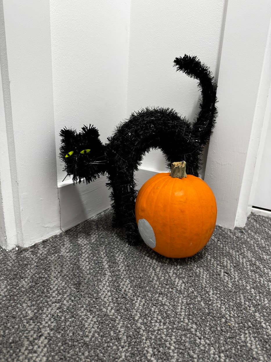 A black Halloween cat decoration beside a pumpkin