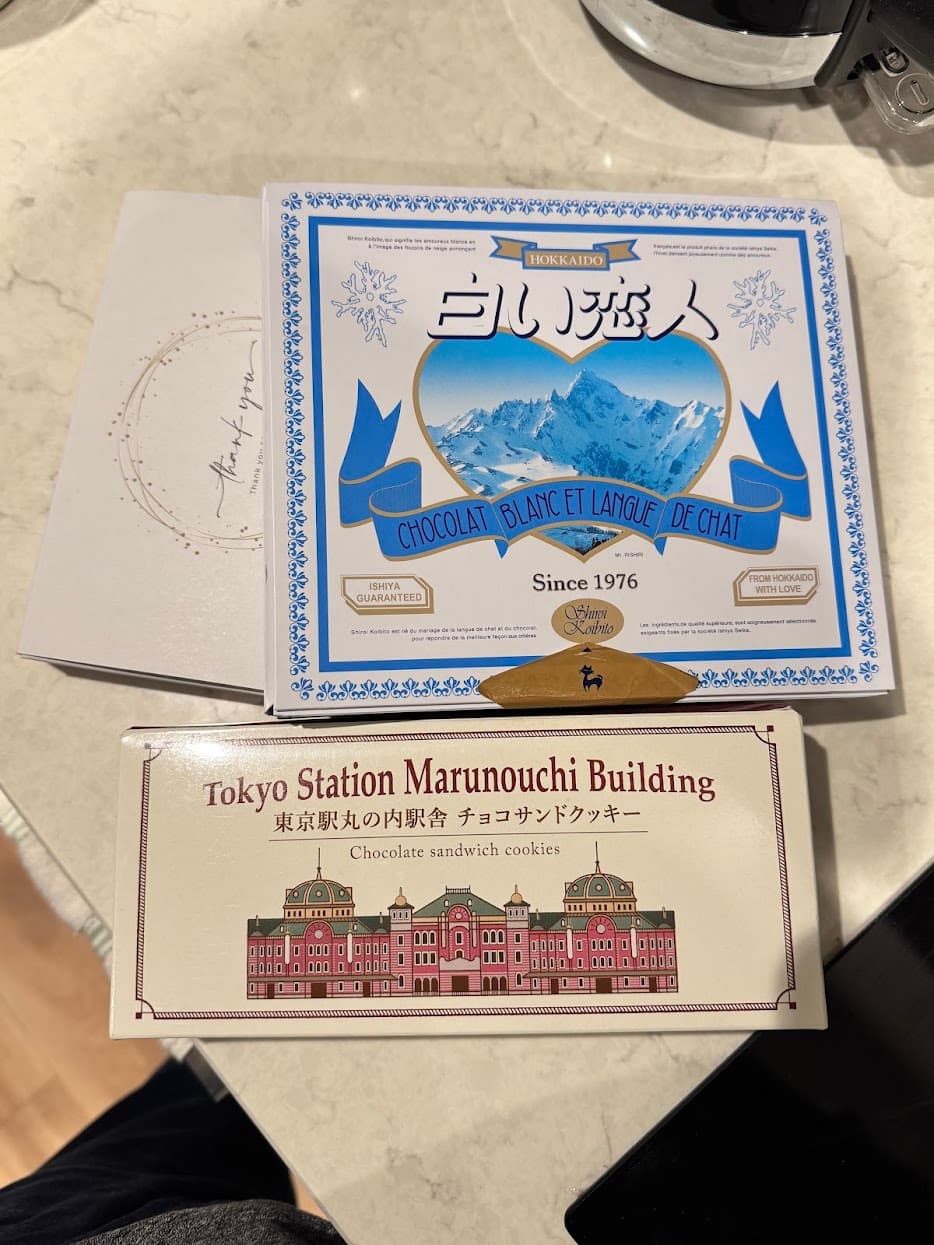 Japanese chocolate and biscuit boxes received as gifts