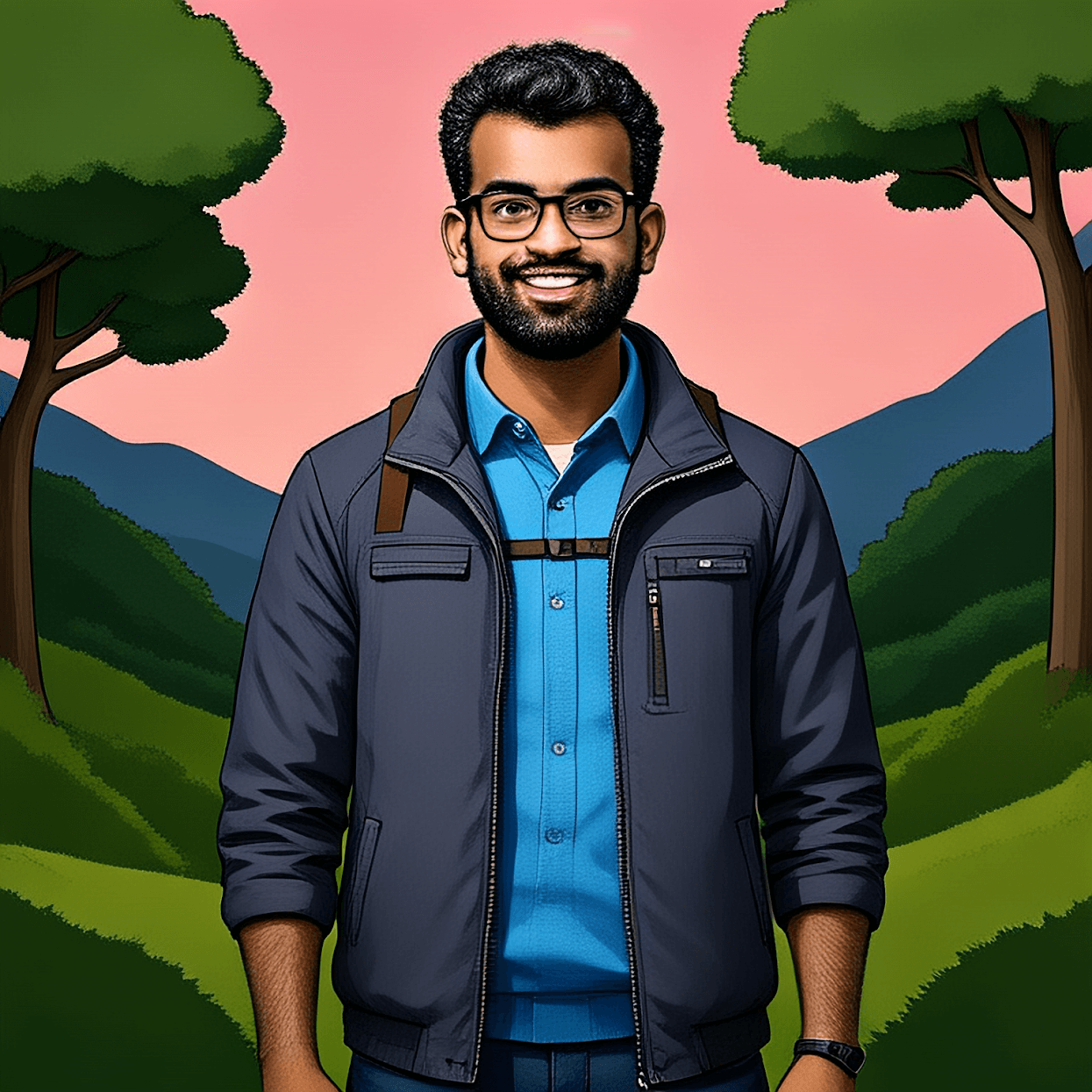 An illustrated portrait of Lak standing in a green landscape